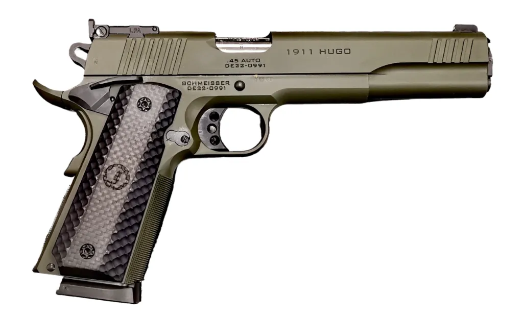 [10-0221] Schmeisser Hugo 1911 OD Green Micrometer Sights 6" 9mm Para