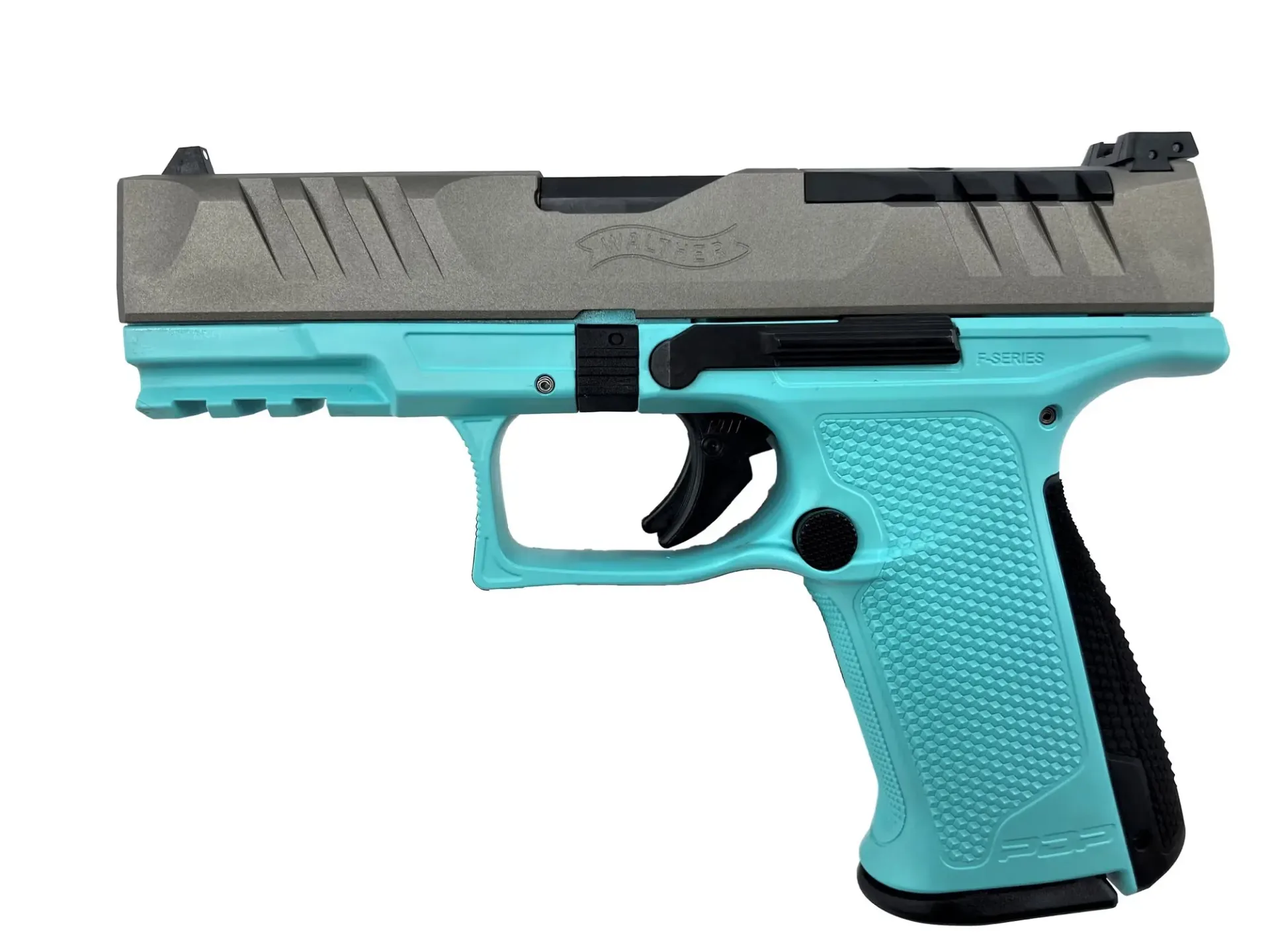 [2842694 ST Blue] Walther PDP F-Series 4" Kal. 9mm Para, glissière en Stainless, poignée Robin's Egg Blue H-175