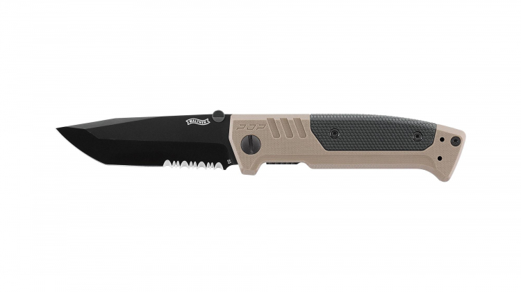 Klappmesser PDP Tanto Folder Serrated FDE, Klinge aus D2 Stahl mit Wellenschliff
